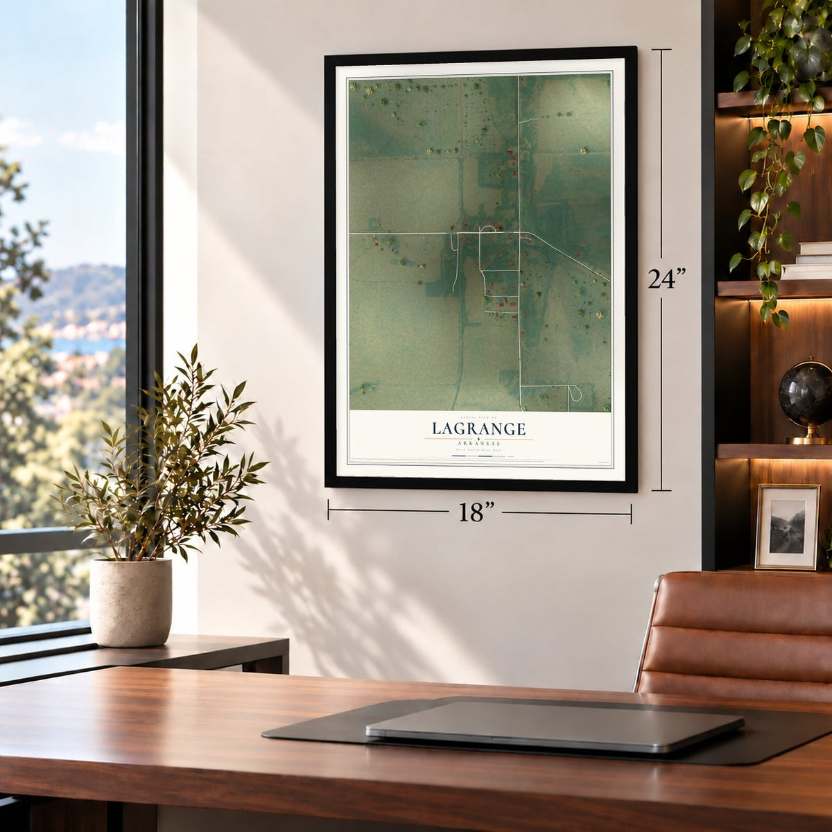 LaGrange, Arkansas map, 18 x 24 inch print in a black frame in a home office
