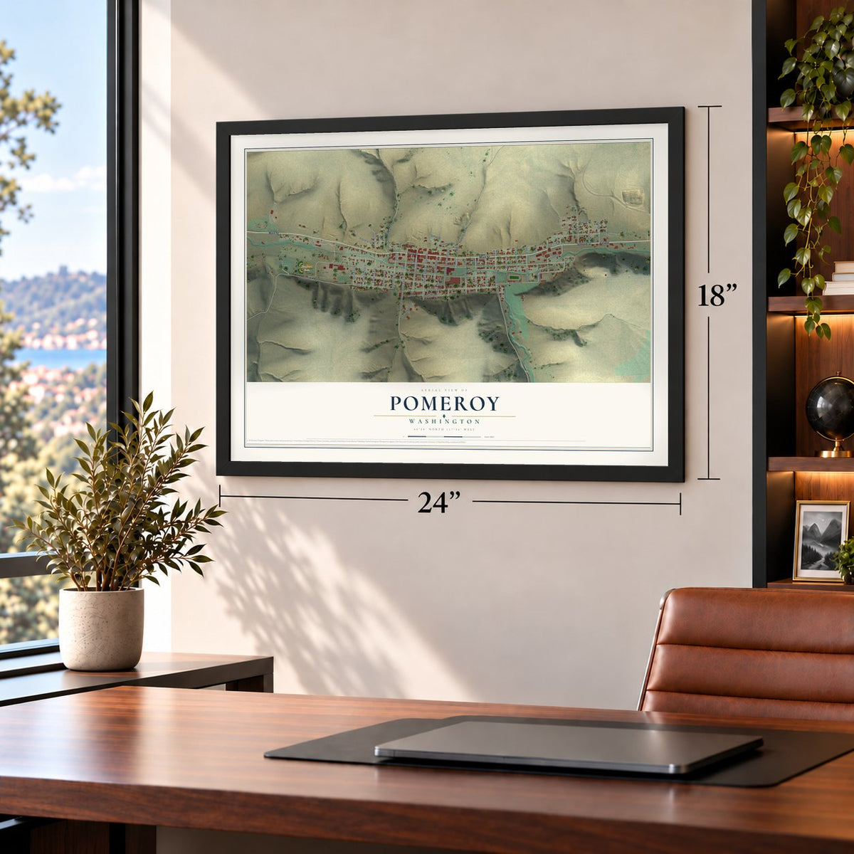 Pomeroy, Washington map, 18 x 24 inch print in a black frame in a home office