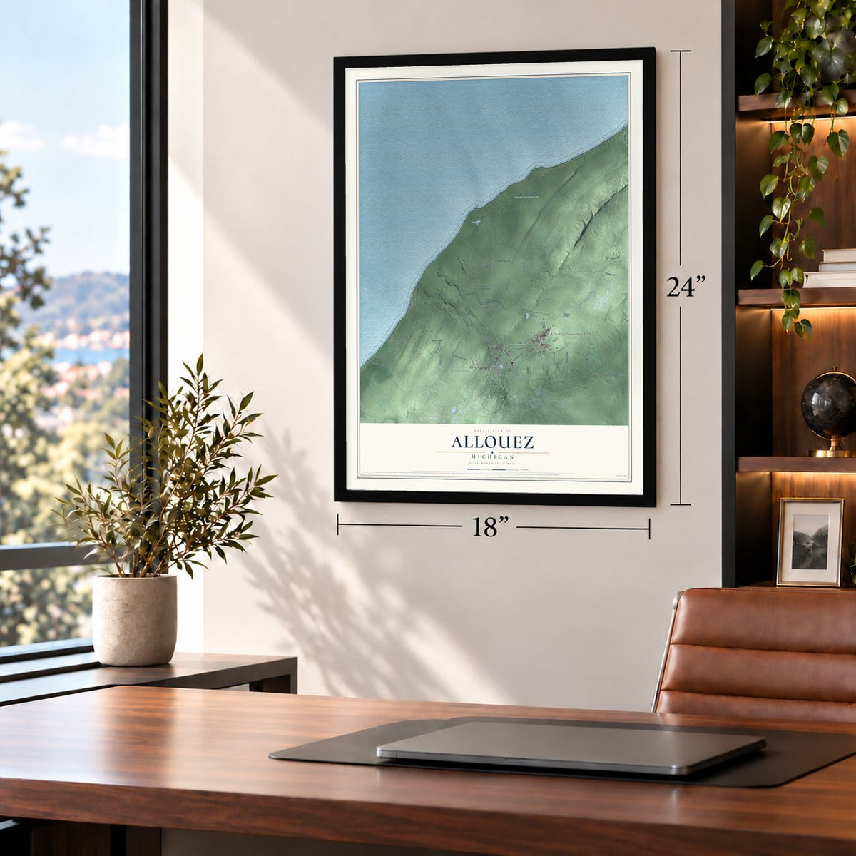 Allouez, Michigan map, 18 x 24 inch print in a black frame in a home office
