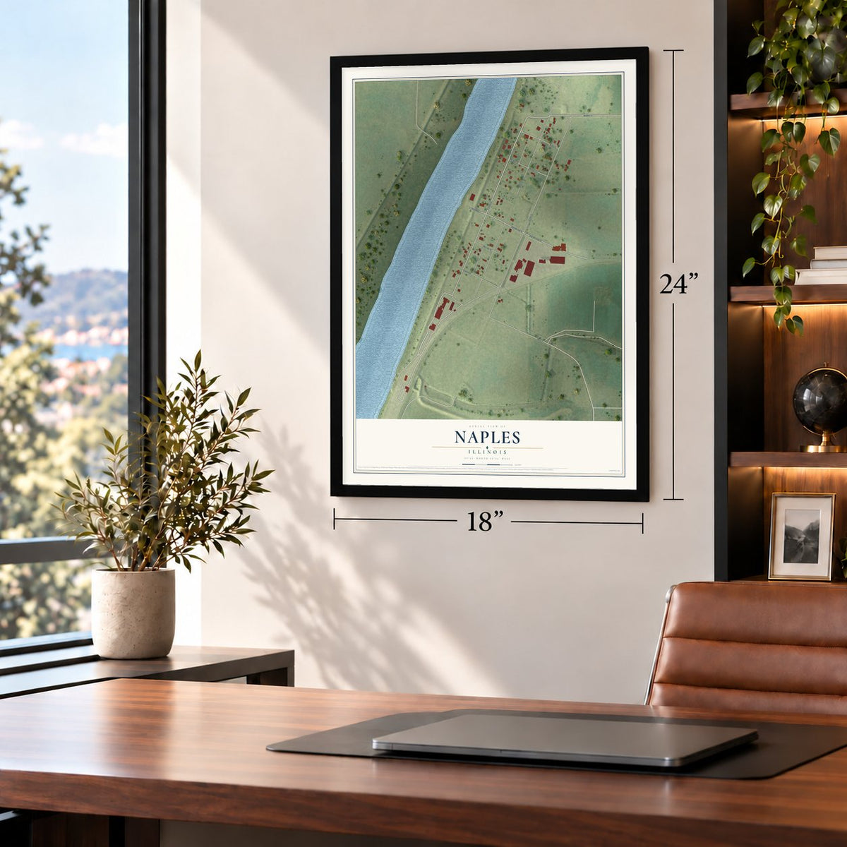 Naples, Illinois map, 18 x 24 inch print in a black frame in a home office
