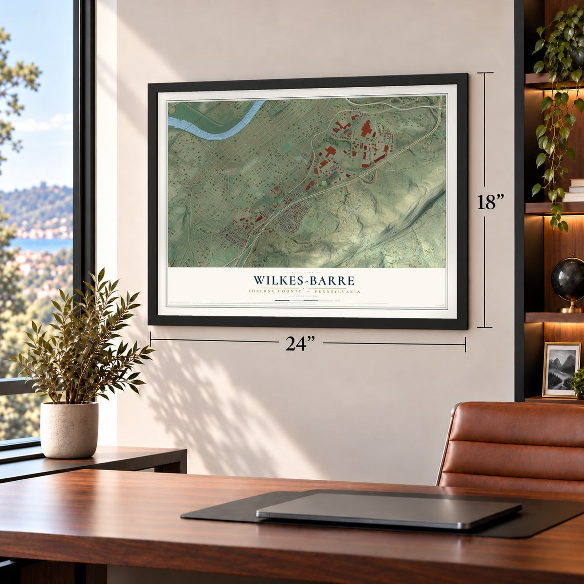Wilkes-Barre, Luzerne County, Pennsylvania map, 18 x 24 inch print in a black frame in a home office