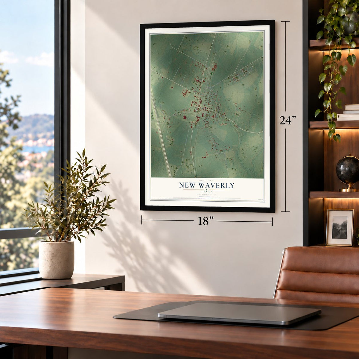 New Waverly, Texas map, 18 x 24 inch print in a black frame in a home office
