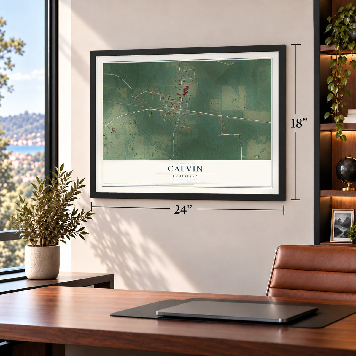 Calvin, Louisiana map, 18 x 24 inch print in a black frame in a home office