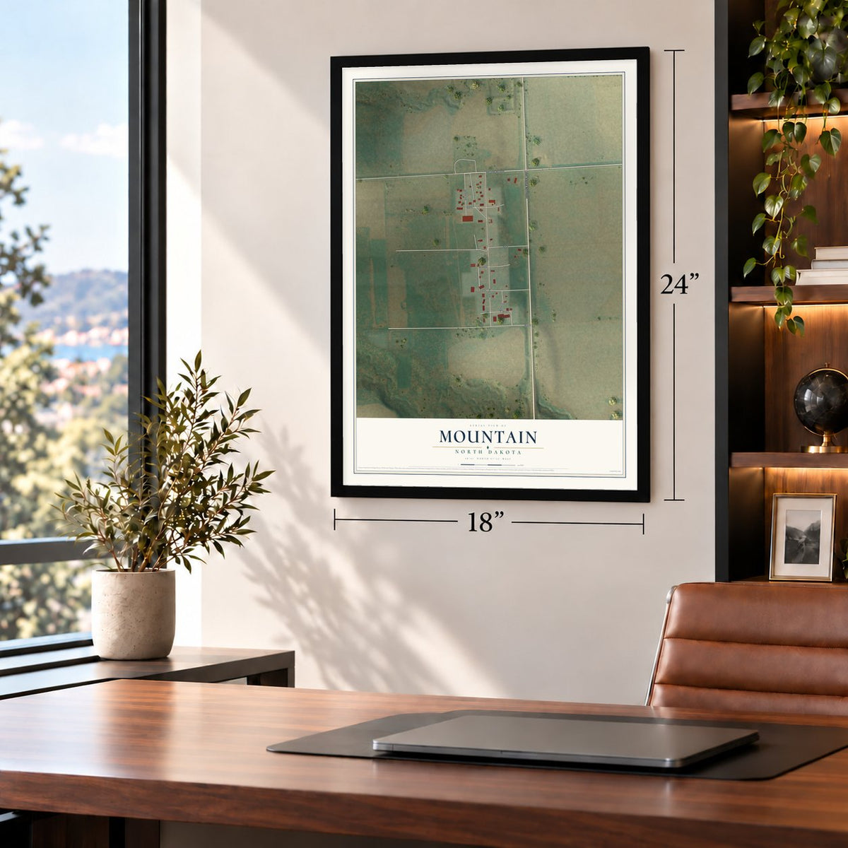 Mountain, North Dakota map, 18 x 24 inch print in a black frame in a home office