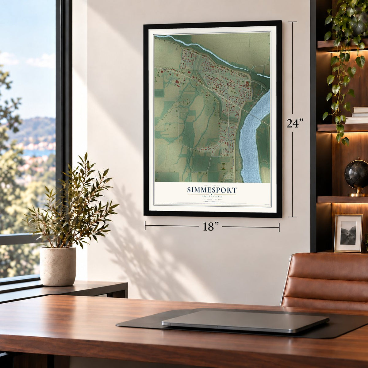 Simmesport, Louisiana map, 18 x 24 inch print in a black frame in a home office