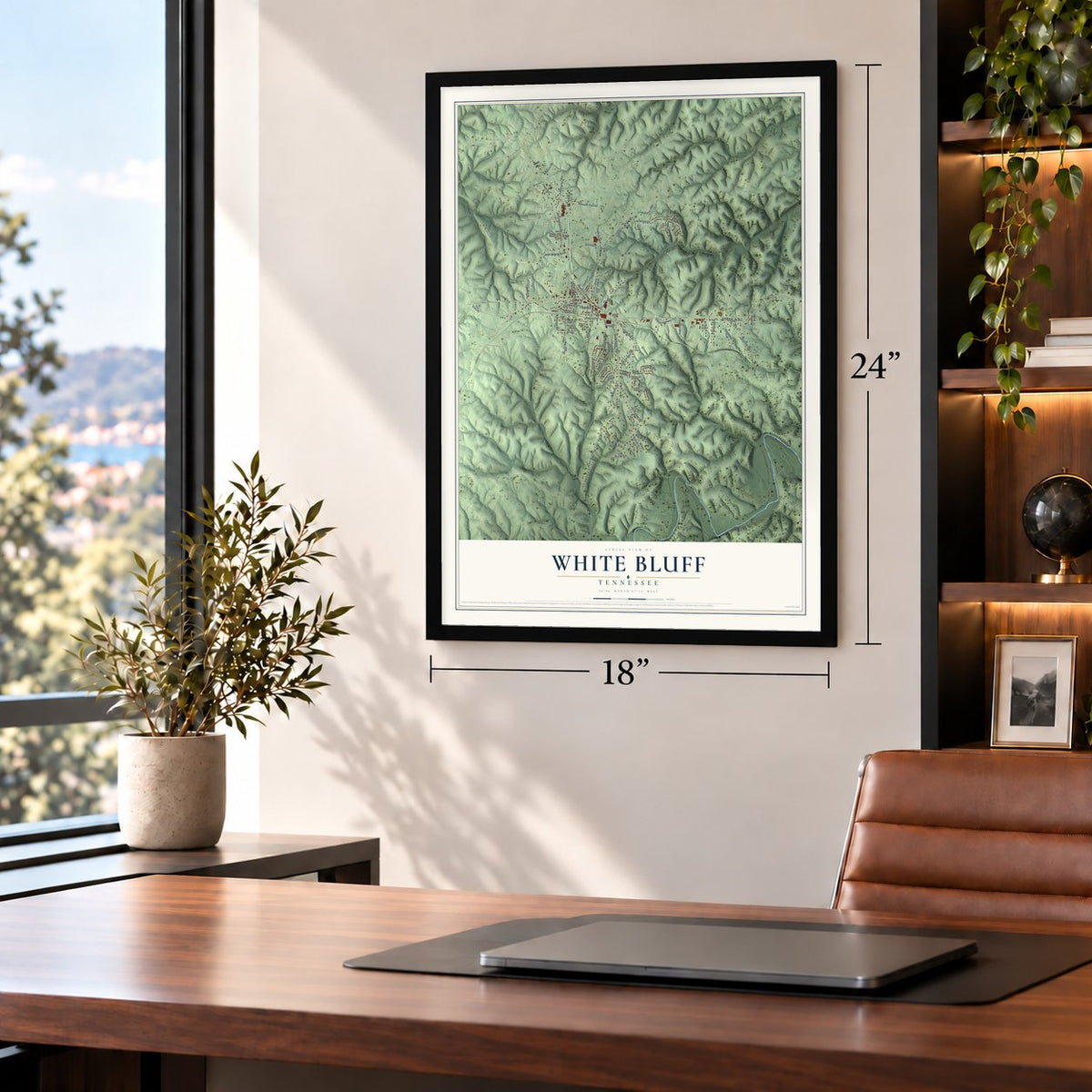 White Bluff, Tennessee map, 18 x 24 inch print in a black frame in a home office