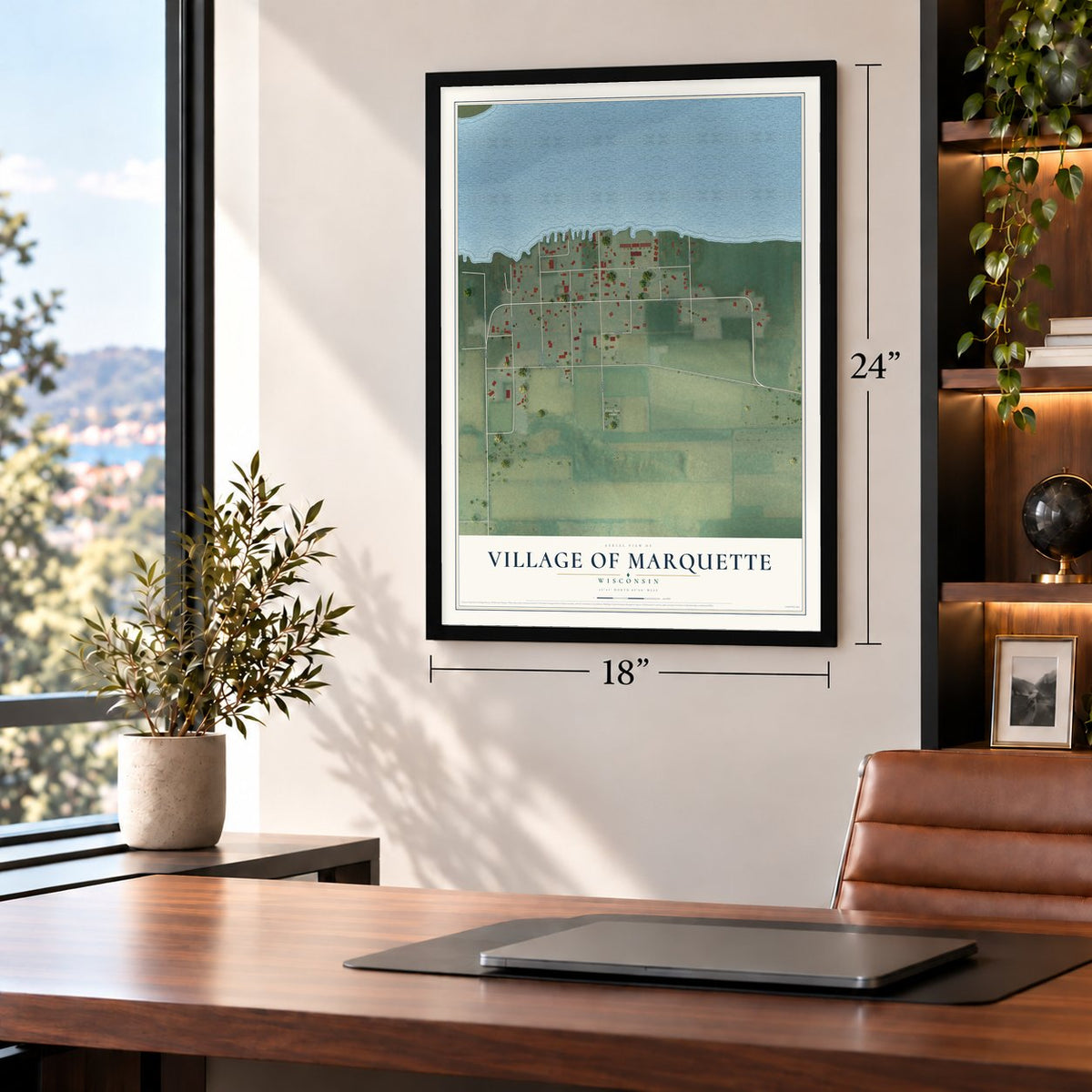 Marquette, Wisconsin map, 18 x 24 inch print in a black frame in a home office