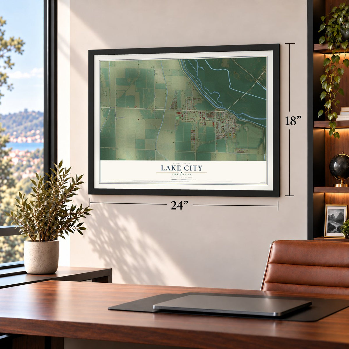 Lake City, Arkansas map, 18 x 24 inch print in a black frame in a home office