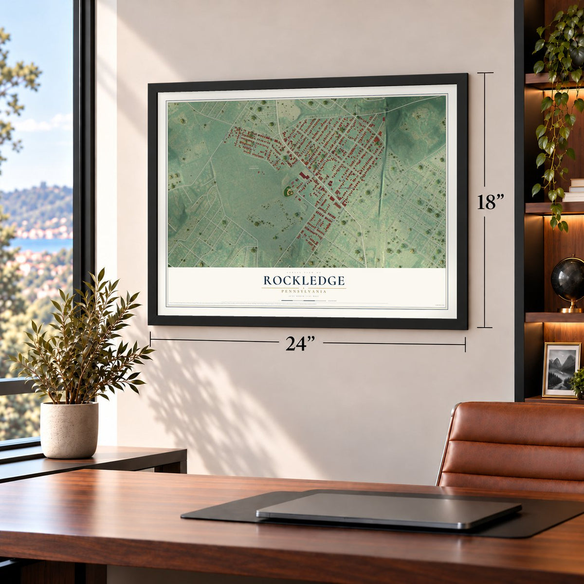 Rockledge, Pennsylvania map, 18 x 24 inch print in a black frame in a home office
