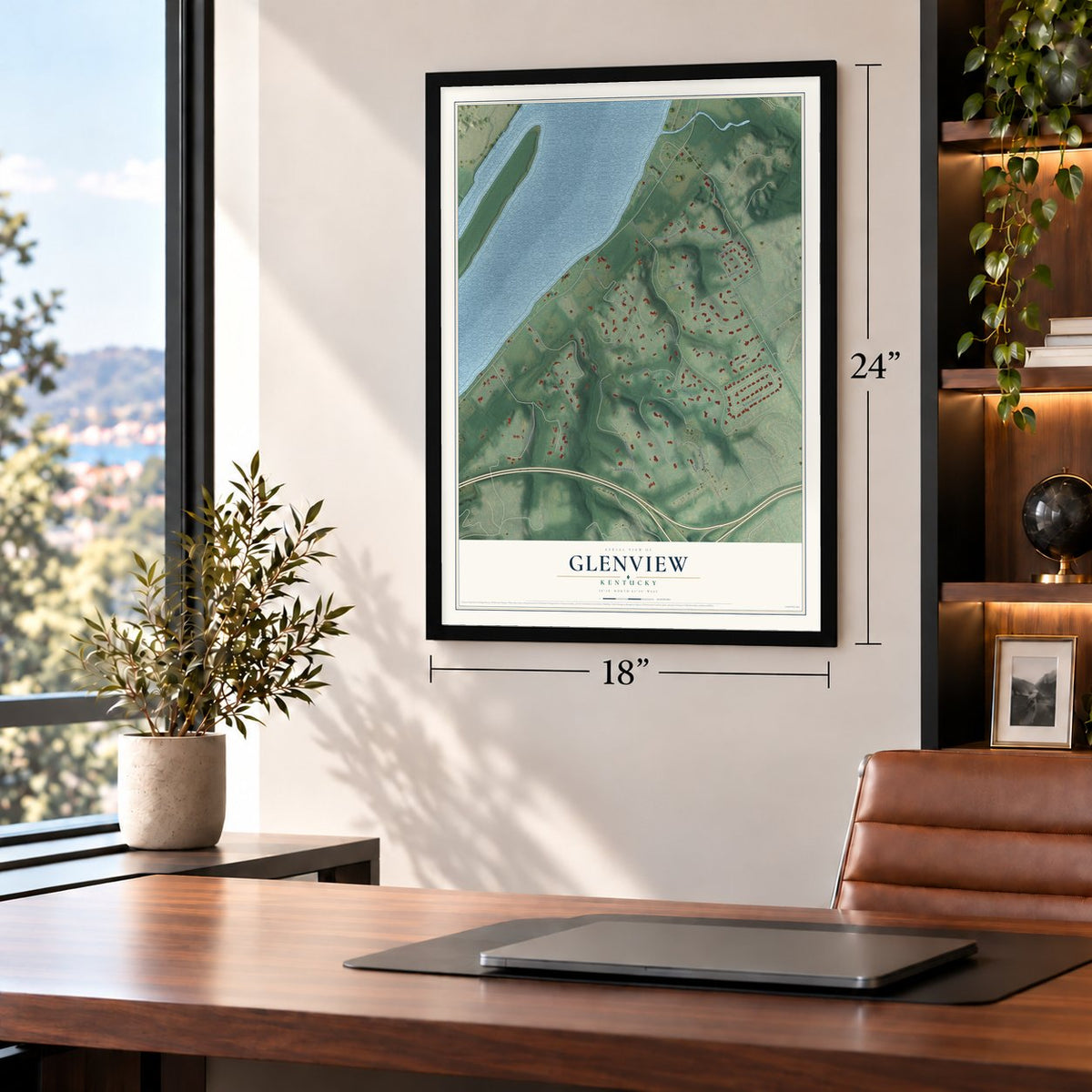 Glenview, Kentucky map, 18 x 24 inch print in a black frame in a home office
