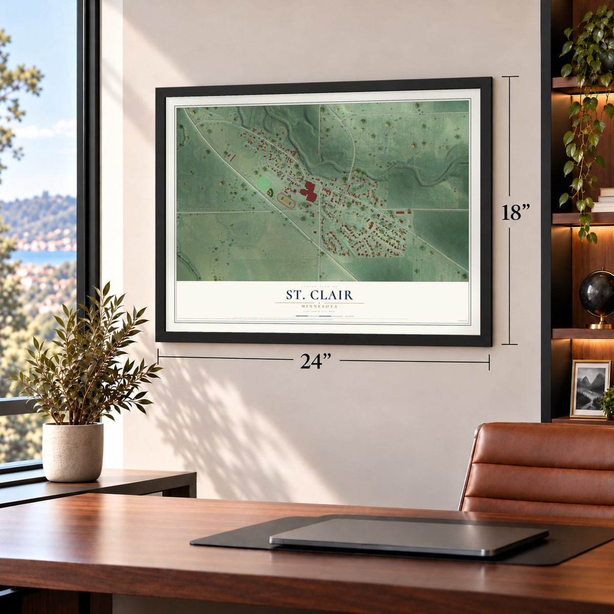 St. Clair, Minnesota map, 18 x 24 inch print in a black frame in a home office