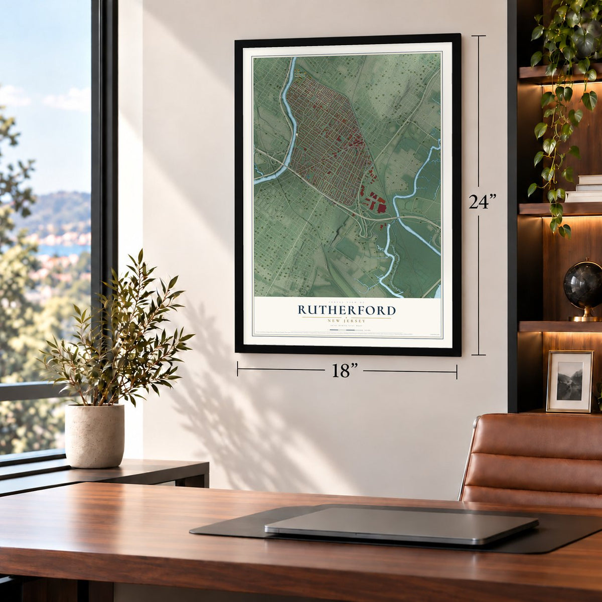 Rutherford, New Jersey map, 18 x 24 inch print in a black frame in a home office