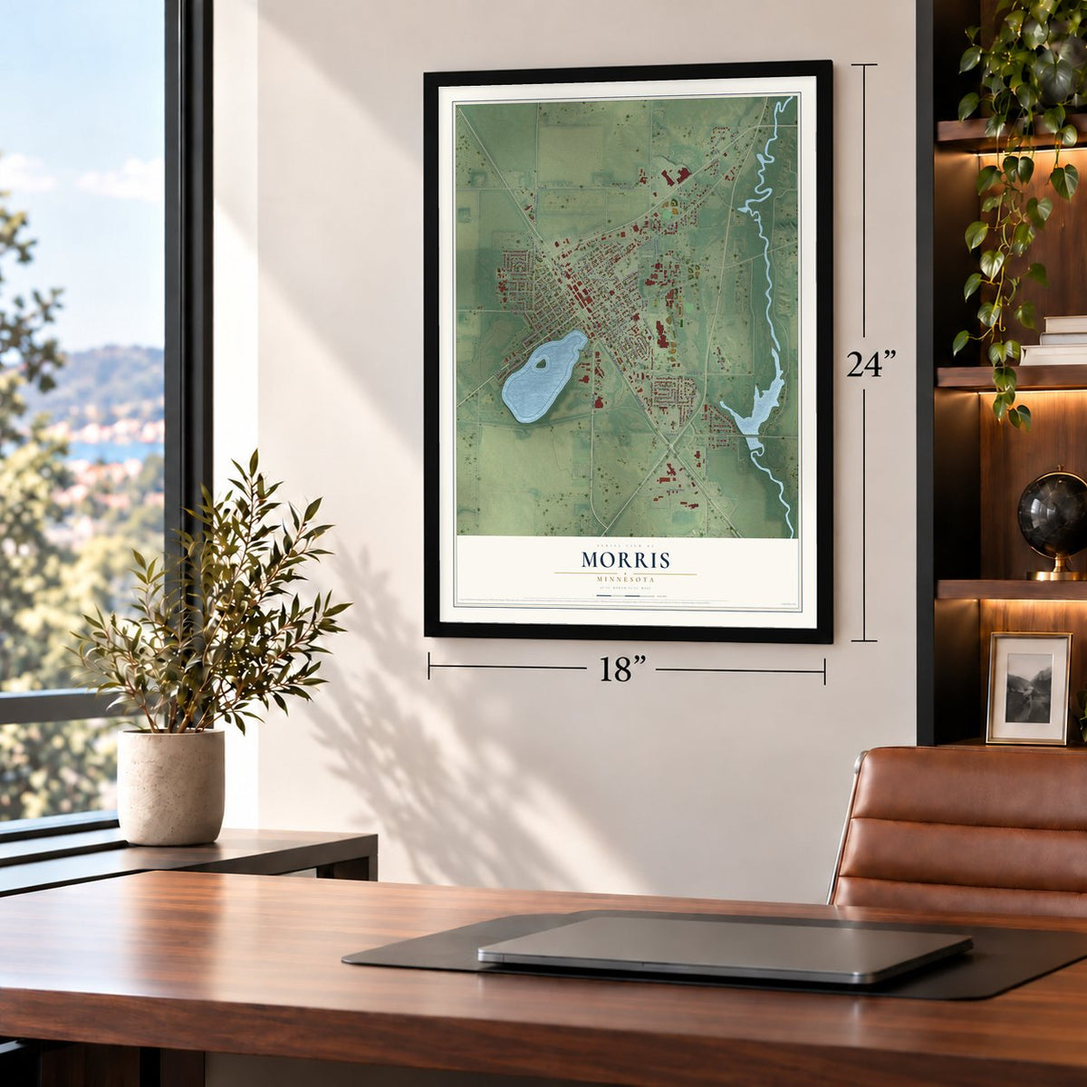Morris, Minnesota map, 18 x 24 inch print in a black frame in a home office