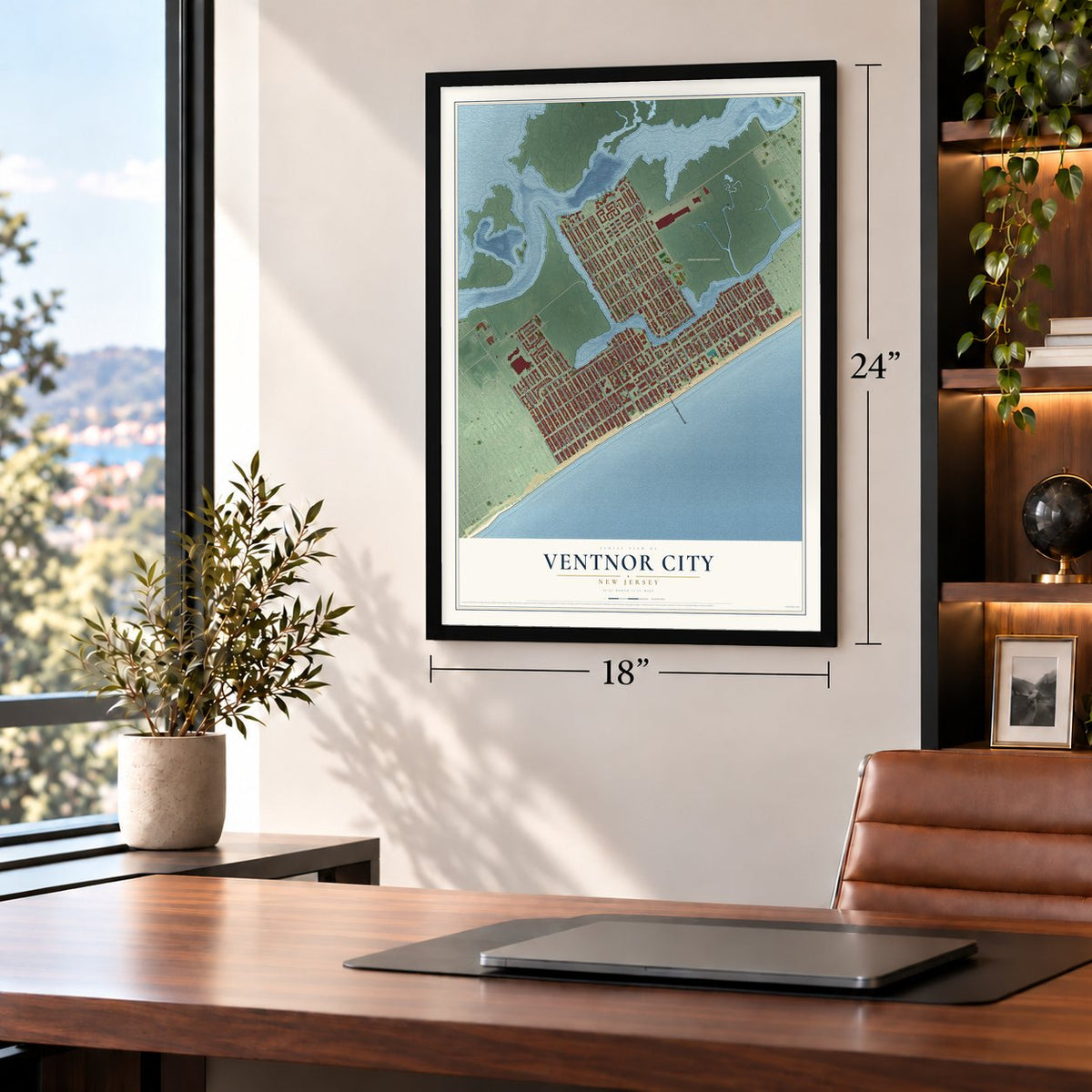 Ventnor City, New Jersey map, 18 x 24 inch print in a black frame in a home office