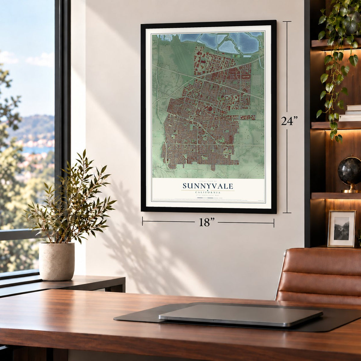 Sunnyvale, California map, 18 x 24 inch print in a black frame in a home office