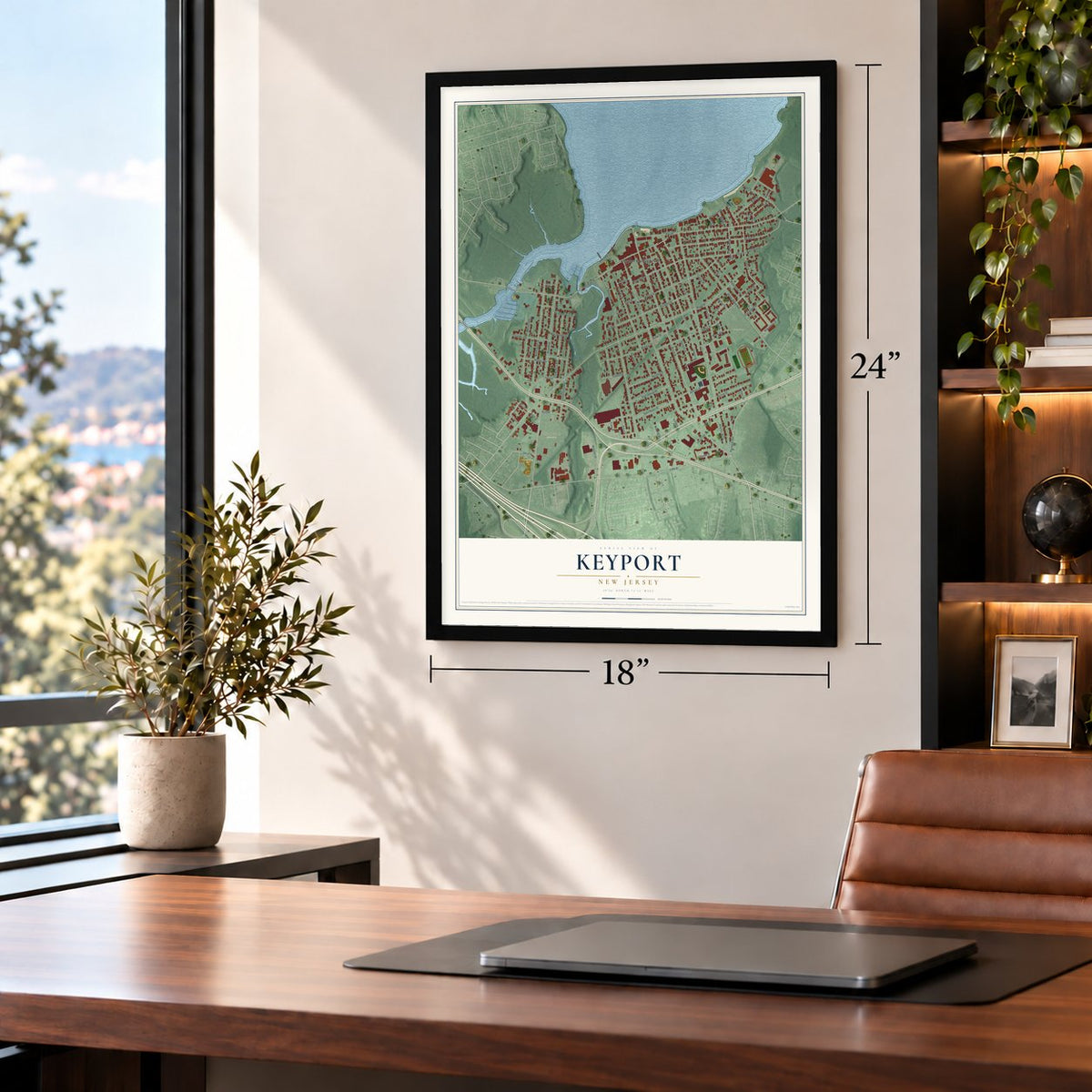 Keyport, New Jersey map, 18 x 24 inch print in a black frame in a home office