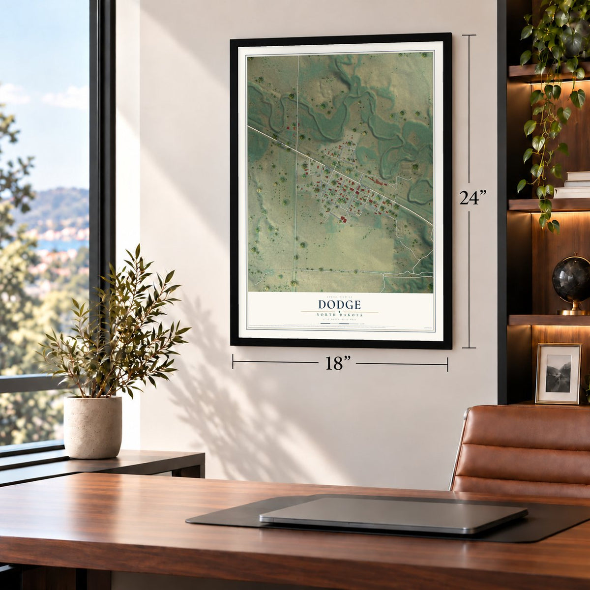 Dodge, North Dakota map, 18 x 24 inch print in a black frame in a home office