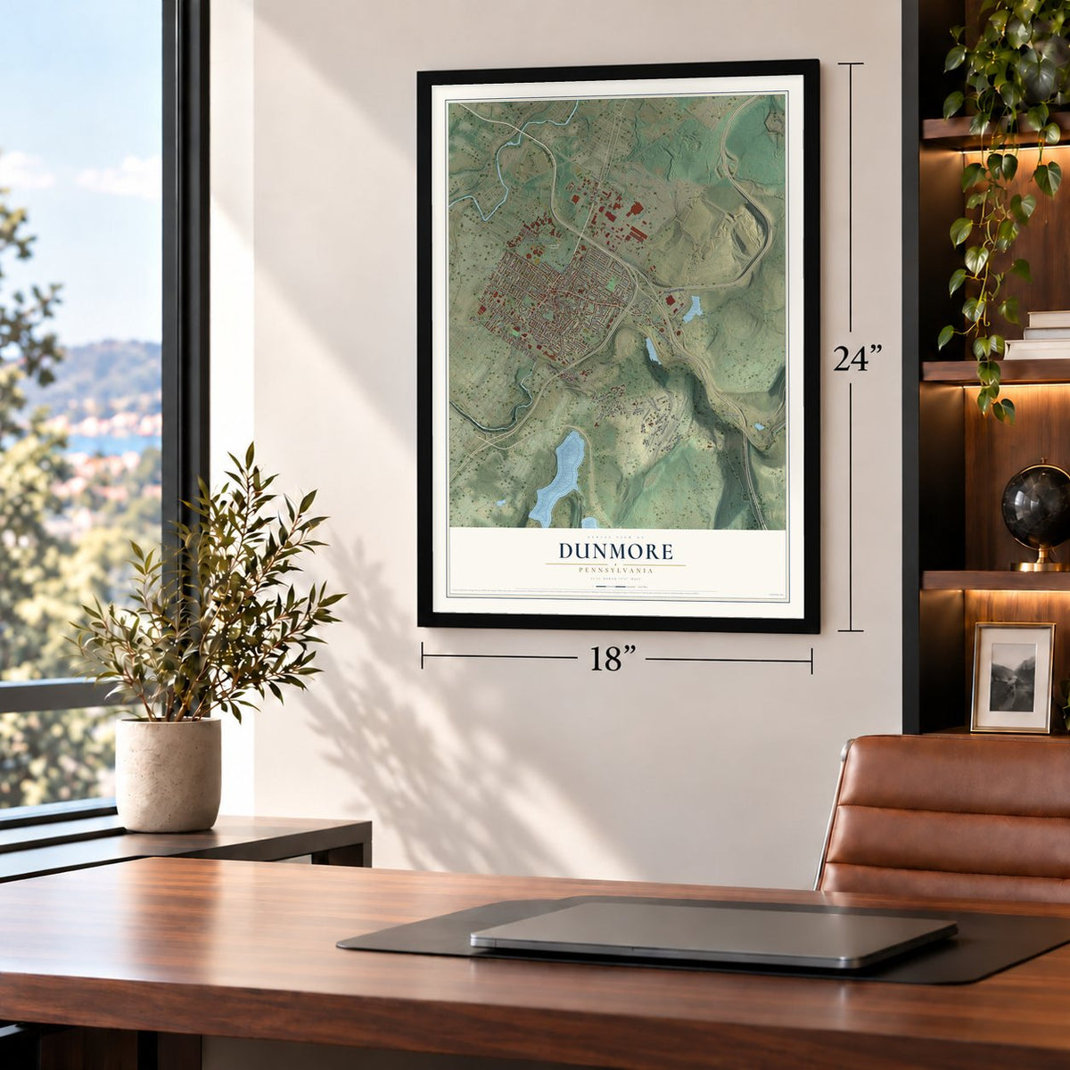Dunmore, Pennsylvania map, 18 x 24 inch print in a black frame in a home office