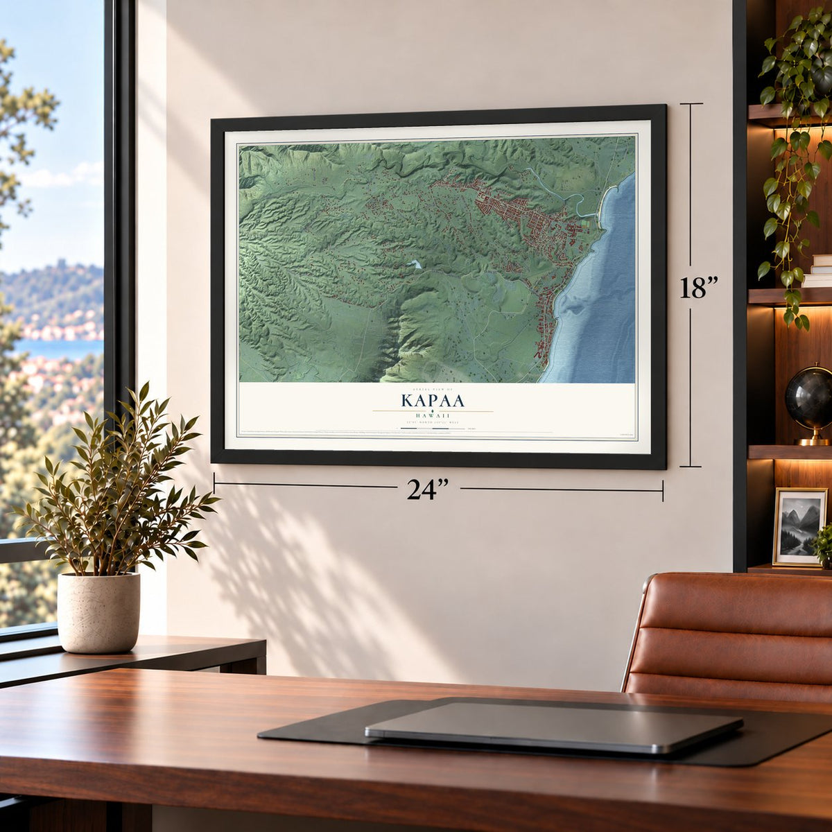 Kapaa, Hawaii map, 18 x 24 inch print in a black frame in a home office