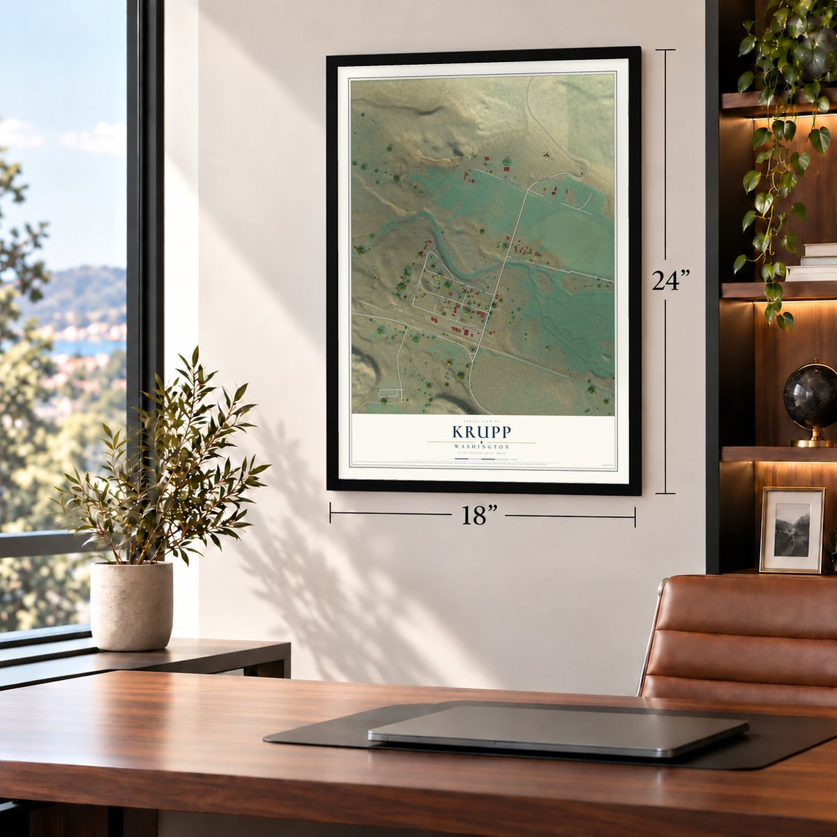 Krupp, Washington map, 18 x 24 inch print in a black frame in a home office