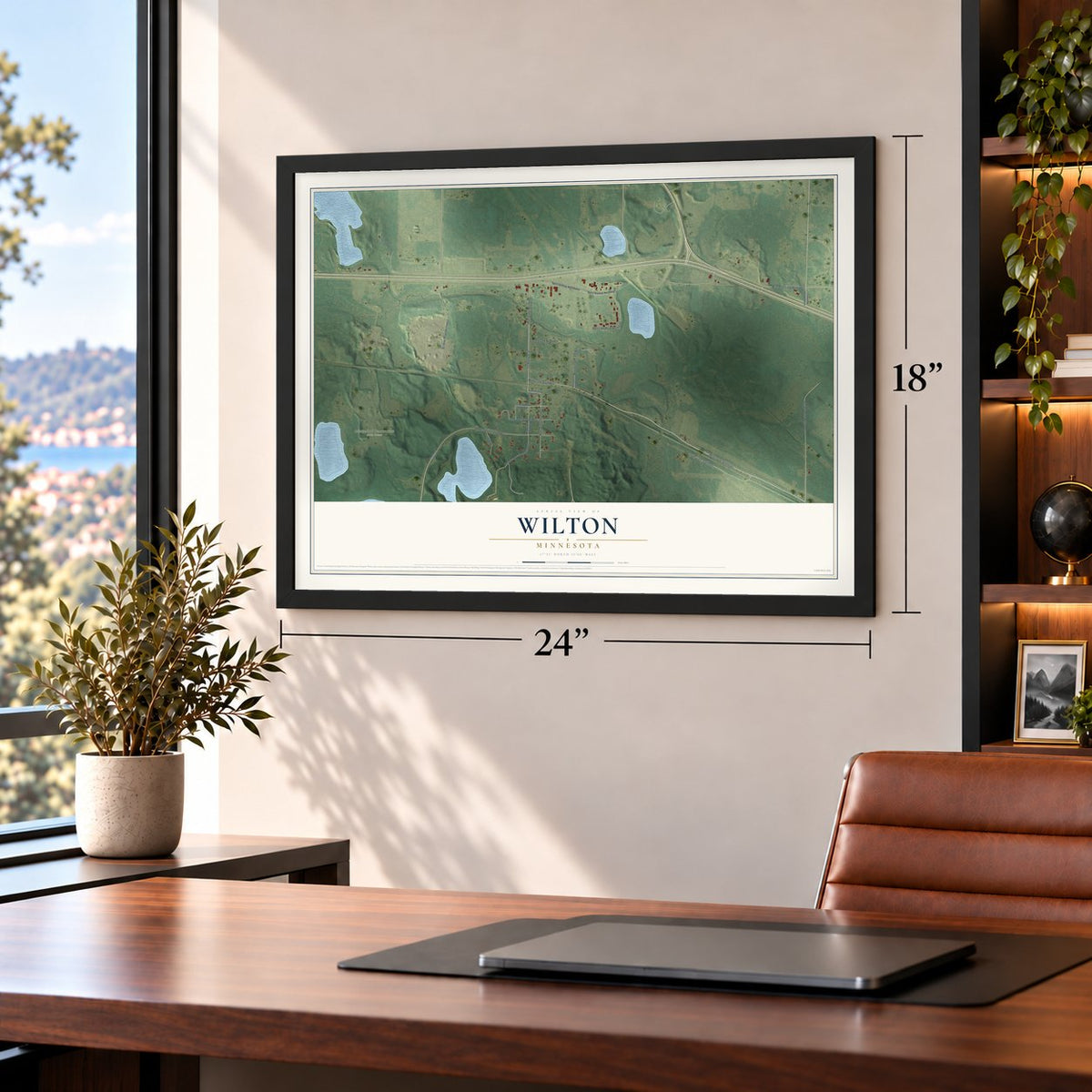 Wilton, Minnesota map, 18 x 24 inch print in a black frame in a home office