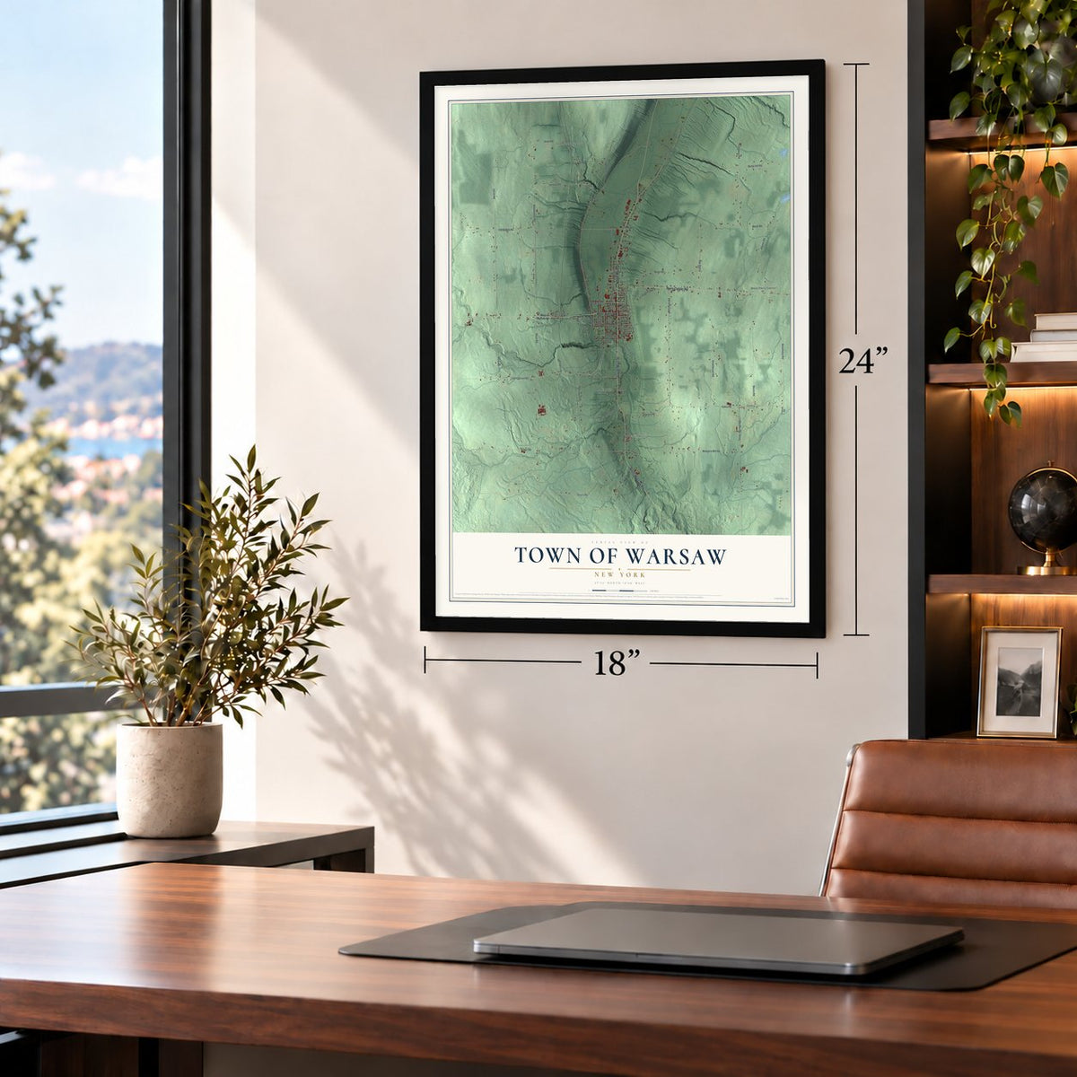 Town of Warsaw, New York map, 18 x 24 inch print in a black frame in a home office