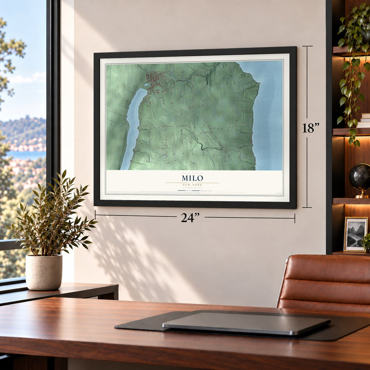 Milo, New York map, 18 x 24 inch print in a black frame in a home office