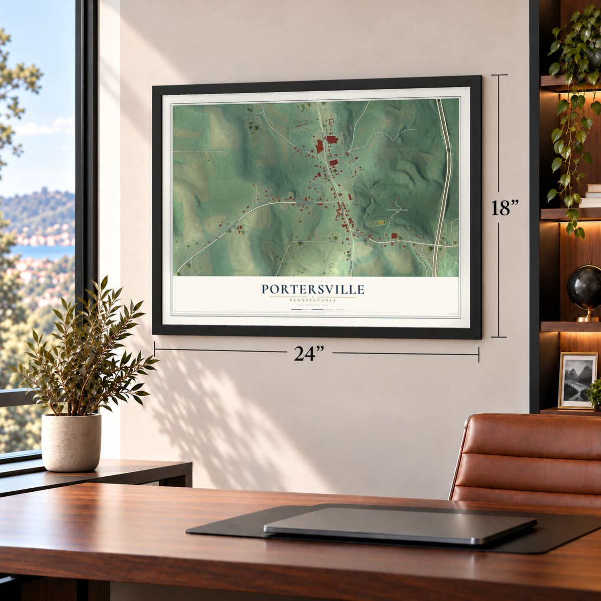Portersville, Pennsylvania map, 18 x 24 inch print in a black frame in a home office