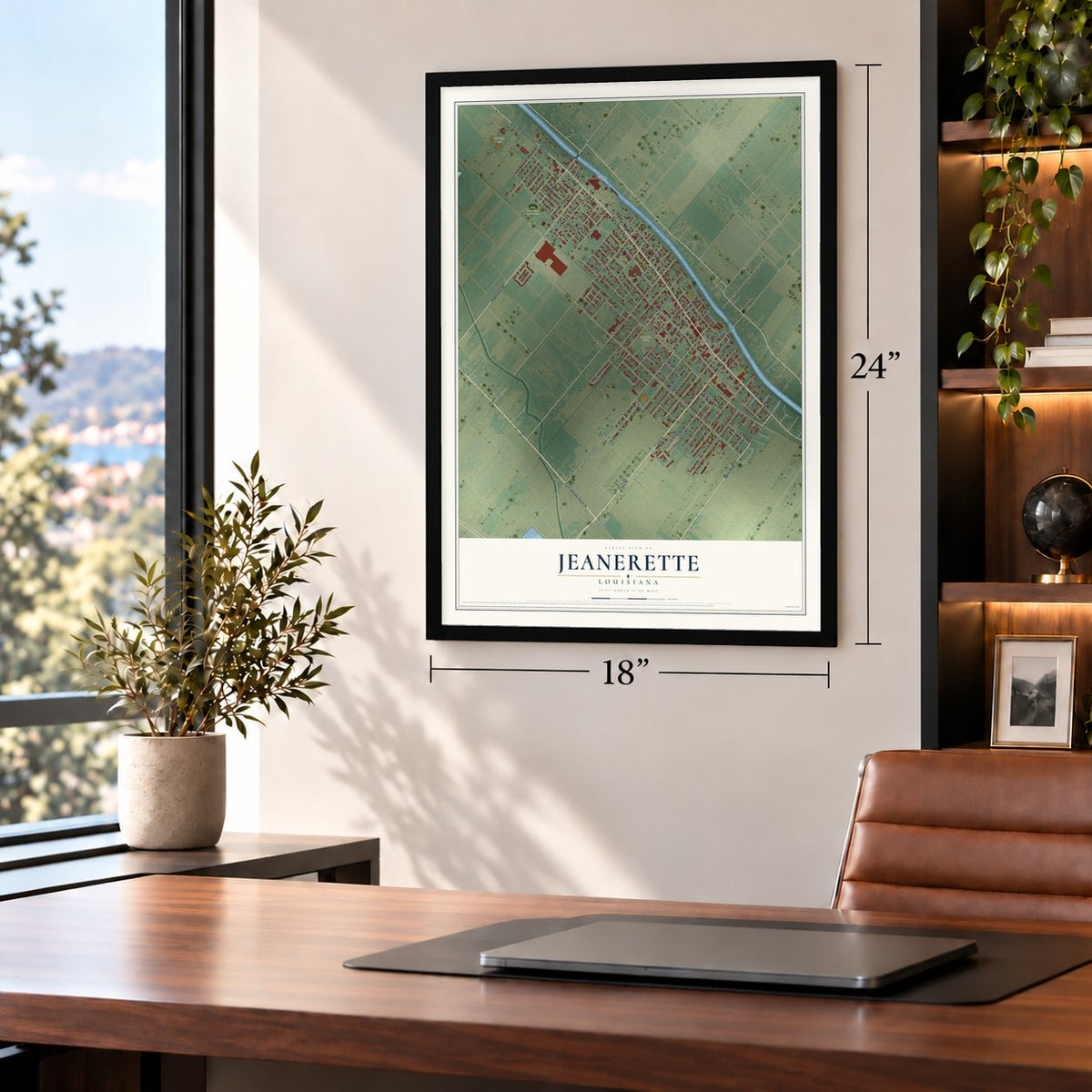 Jeanerette, Louisiana map, 18 x 24 inch print in a black frame in a home office