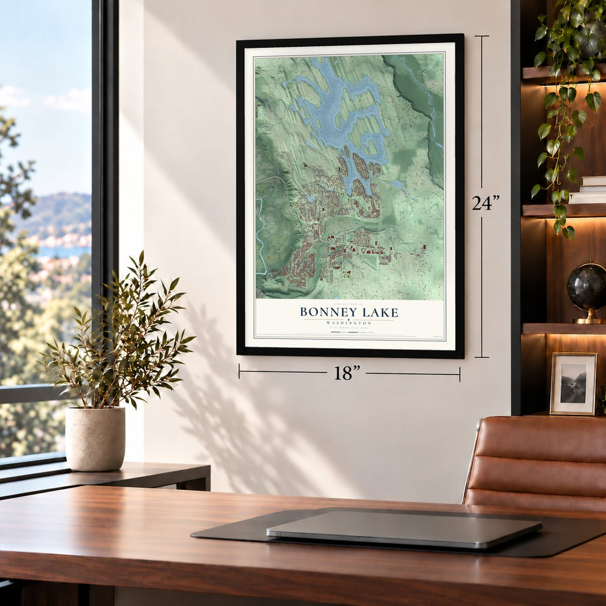 Bonney Lake, Washington map, 18 x 24 inch print in a black frame in a home office
