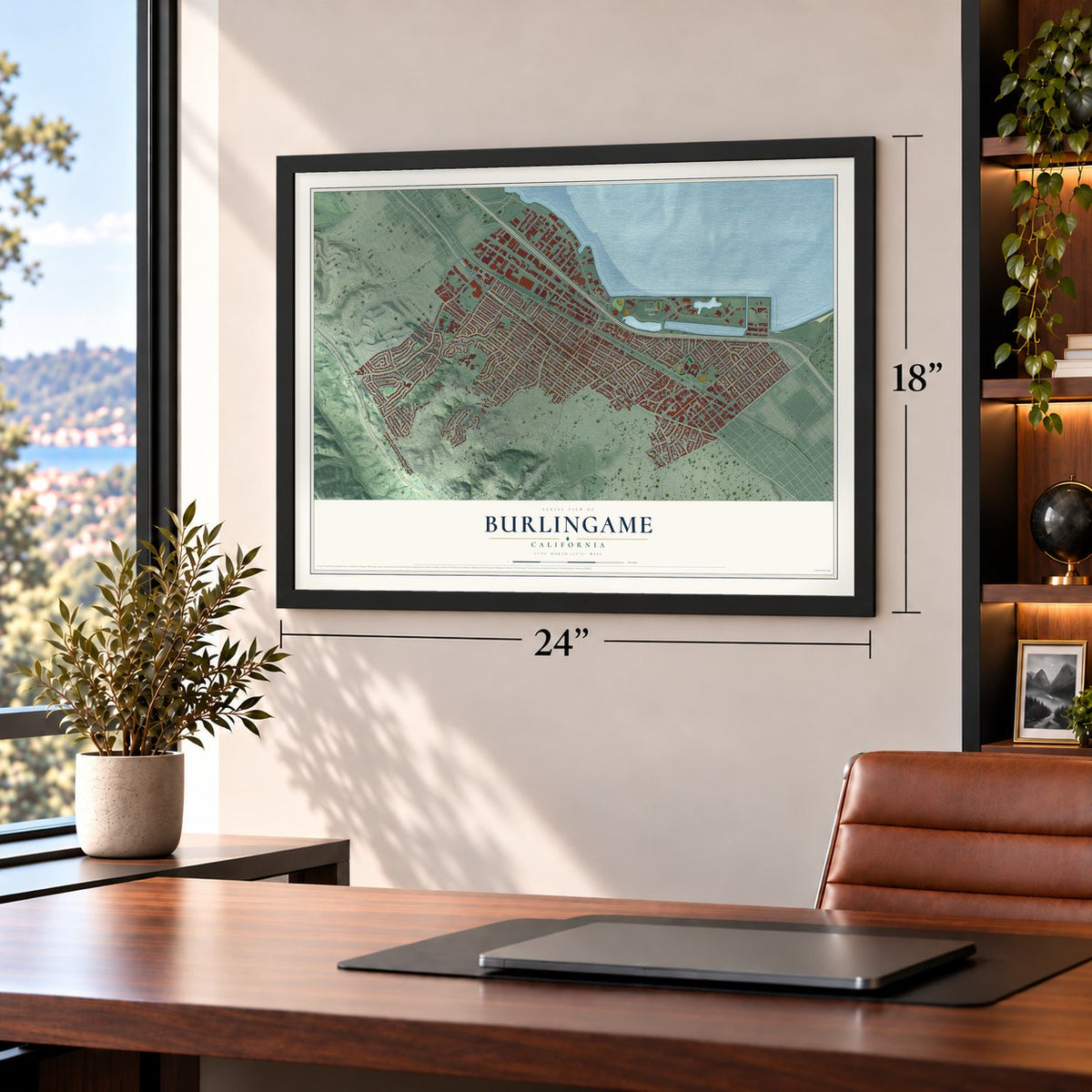 Burlingame, California map, 18 x 24 inch print in a black frame in a home office