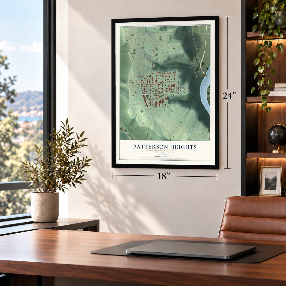 Patterson Heights, Pennsylvania map, 18 x 24 inch print in a black frame in a home office
