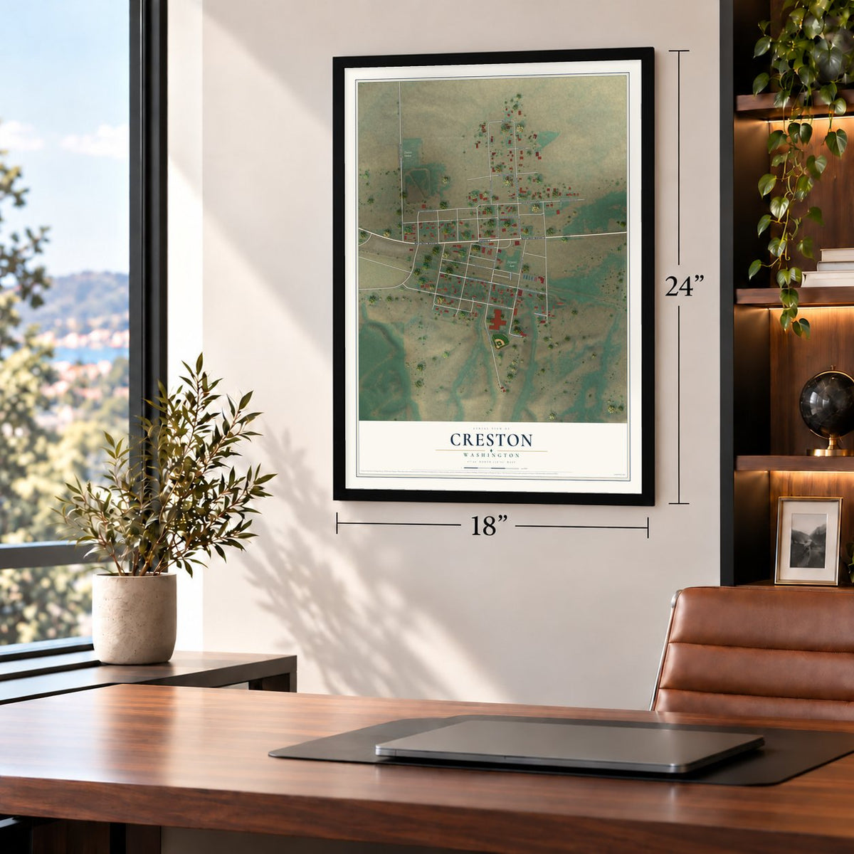 Creston, Washington map, 18 x 24 inch print in a black frame in a home office