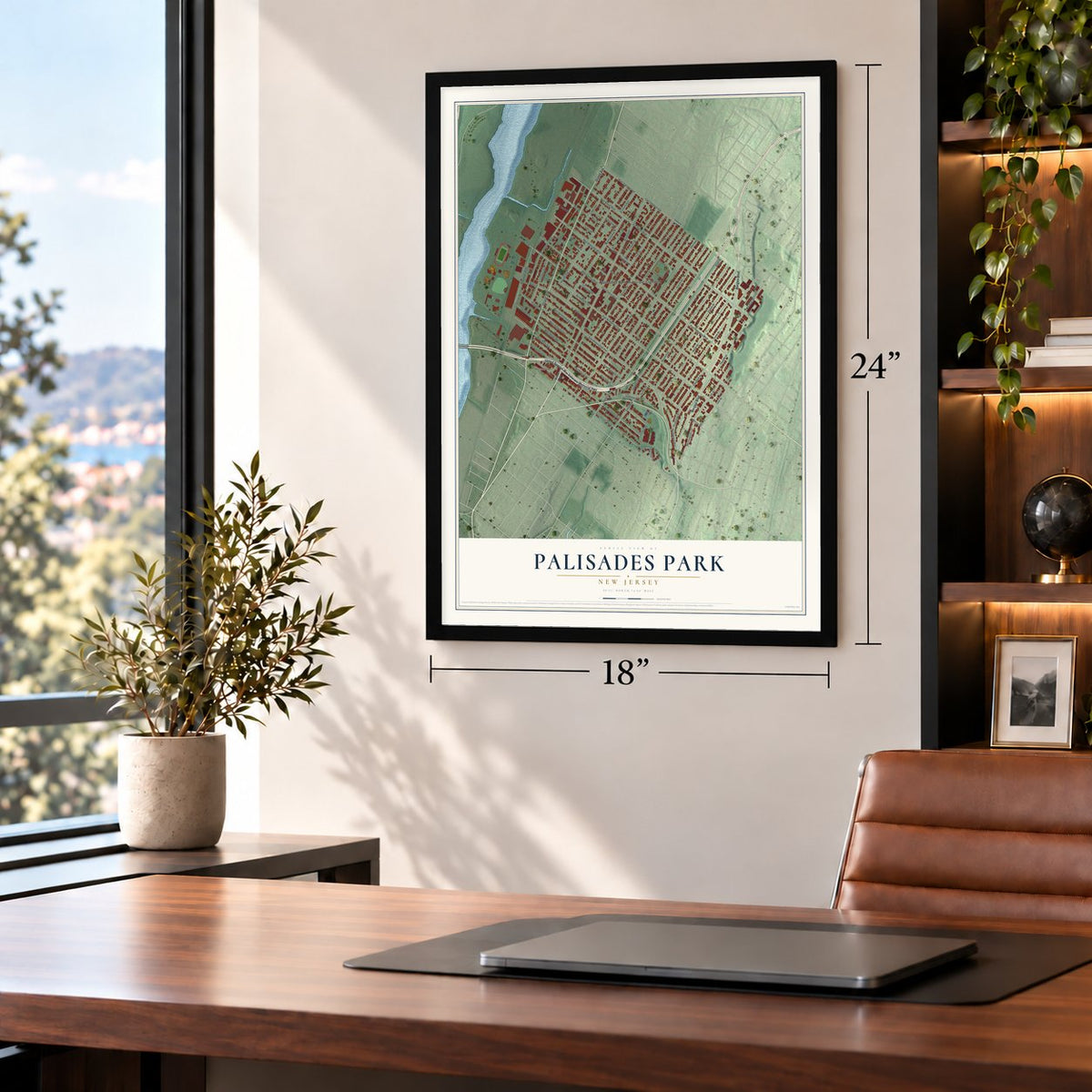 Palisades Park, New Jersey map, 18 x 24 inch print in a black frame in a home office