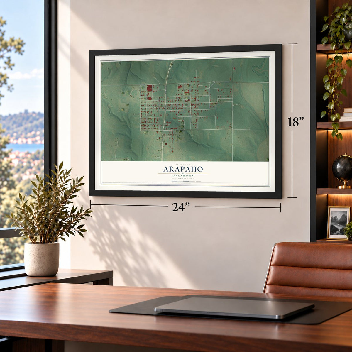 Arapaho, Oklahoma map, 18 x 24 inch print in a black frame in a home office