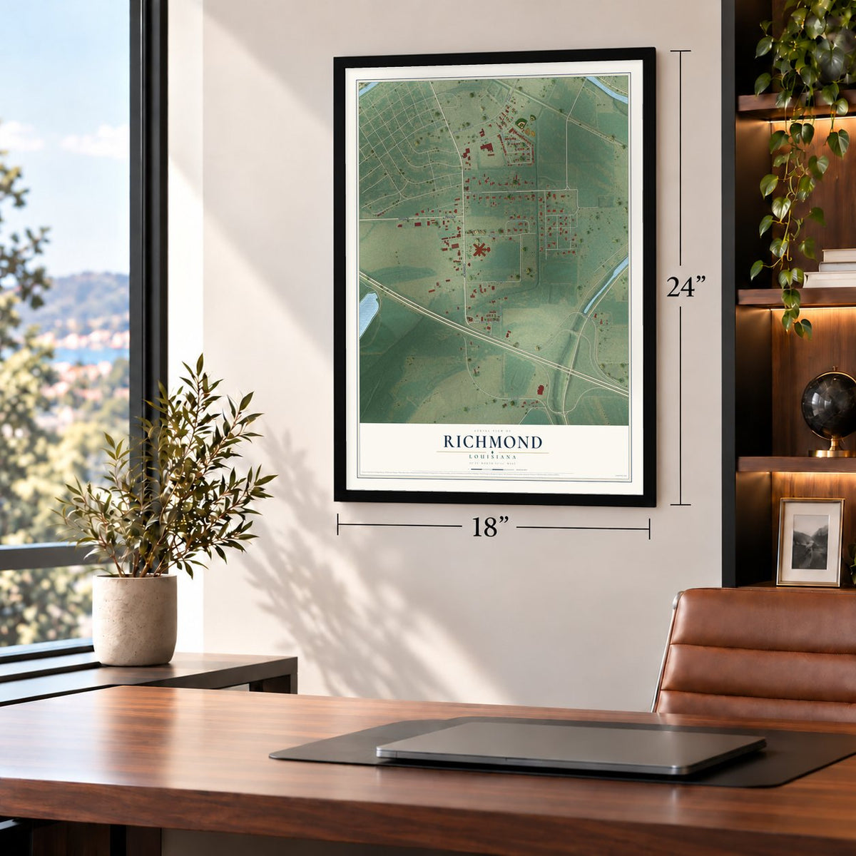 Richmond, Louisiana map, 18 x 24 inch print in a black frame in a home office