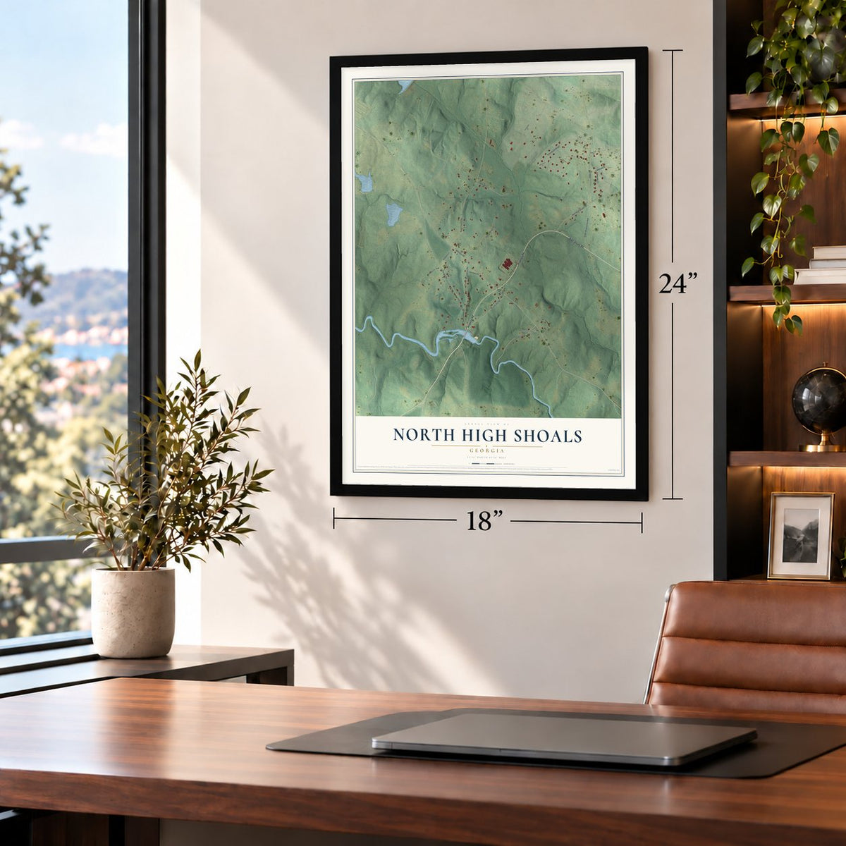 North High Shoals, Georgia map, 18 x 24 inch print in a black frame in a home office