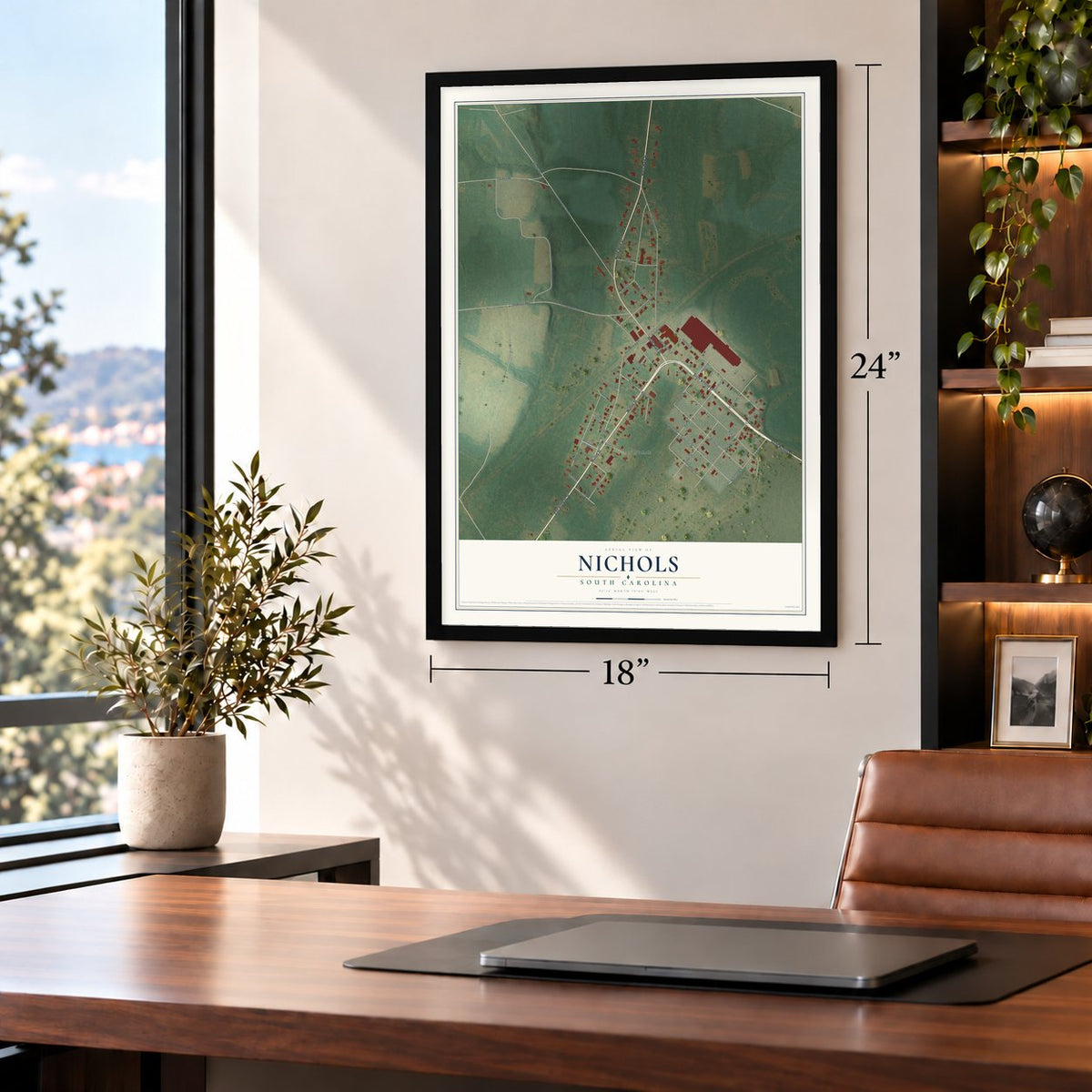 Nichols, South Carolina map, 18 x 24 inch print in a black frame in a home office