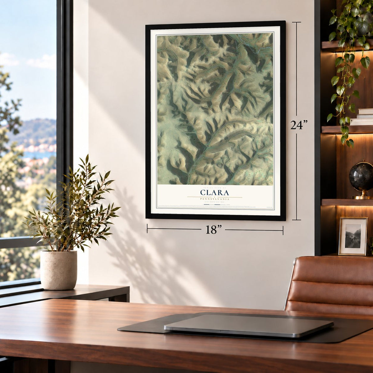Clara, Pennsylvania map, 18 x 24 inch print in a black frame in a home office