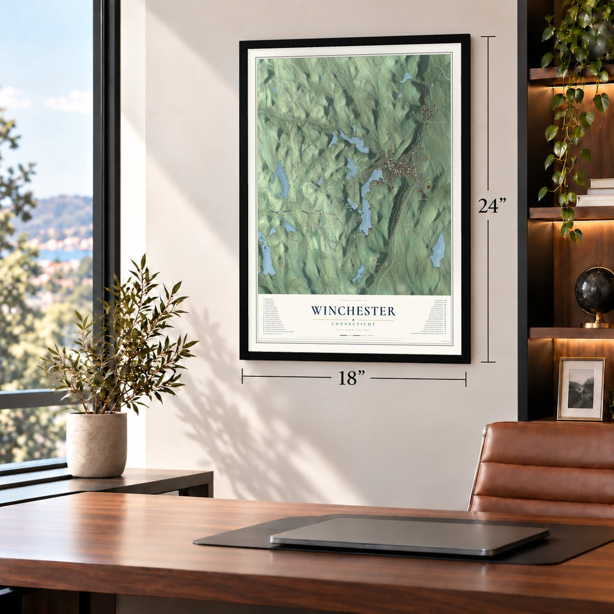 Winchester, Connecticut map, 18 x 24 inch print in a black frame in a home office