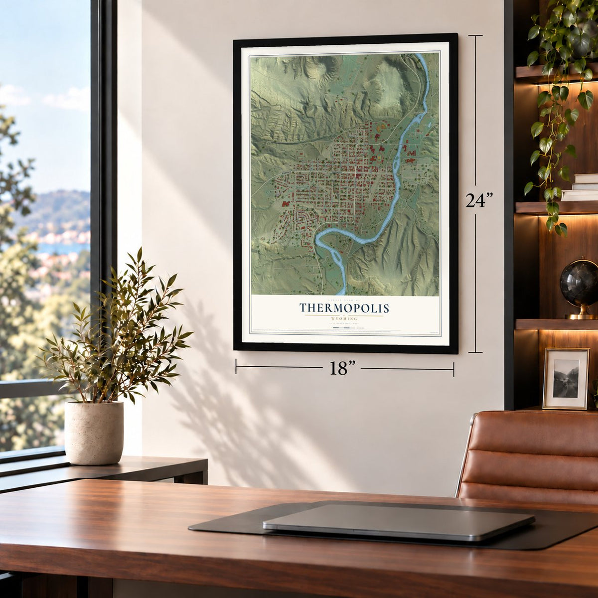 Thermopolis, Wyoming map, 18 x 24 inch print in a black frame in a home office