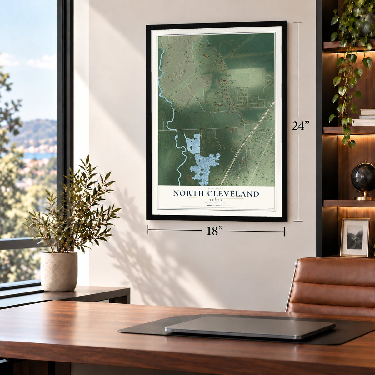 North Cleveland, Texas map, 18 x 24 inch print in a black frame in a home office