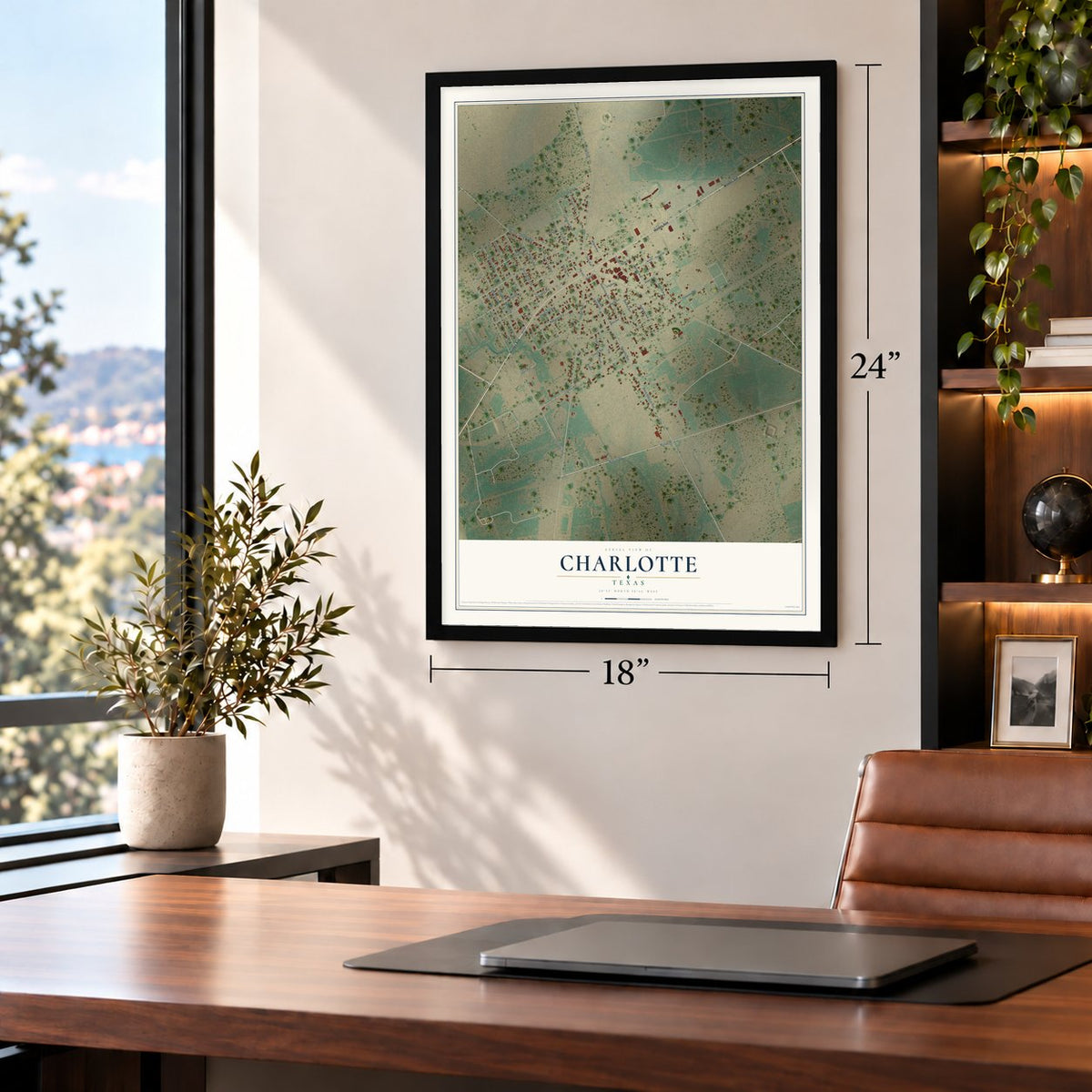 Charlotte, Texas map, 18 x 24 inch print in a black frame in a home office