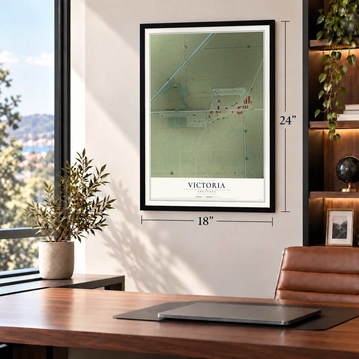 Victoria, Arkansas map, 18 x 24 inch print in a black frame in a home office