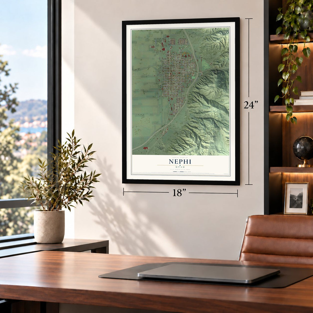 Nephi, Utah map, 18 x 24 inch print in a black frame in a home office