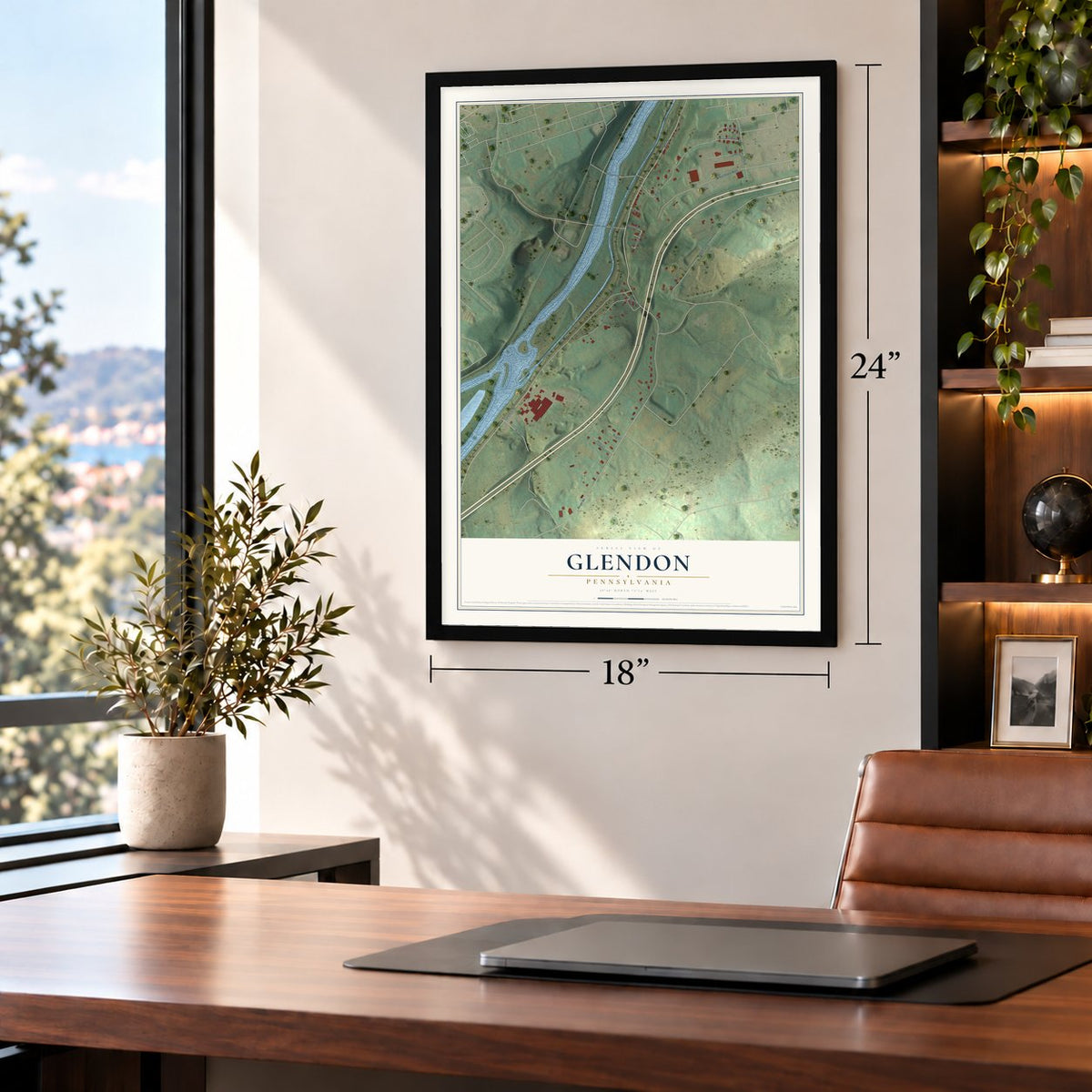 Glendon, Pennsylvania map, 18 x 24 inch print in a black frame in a home office