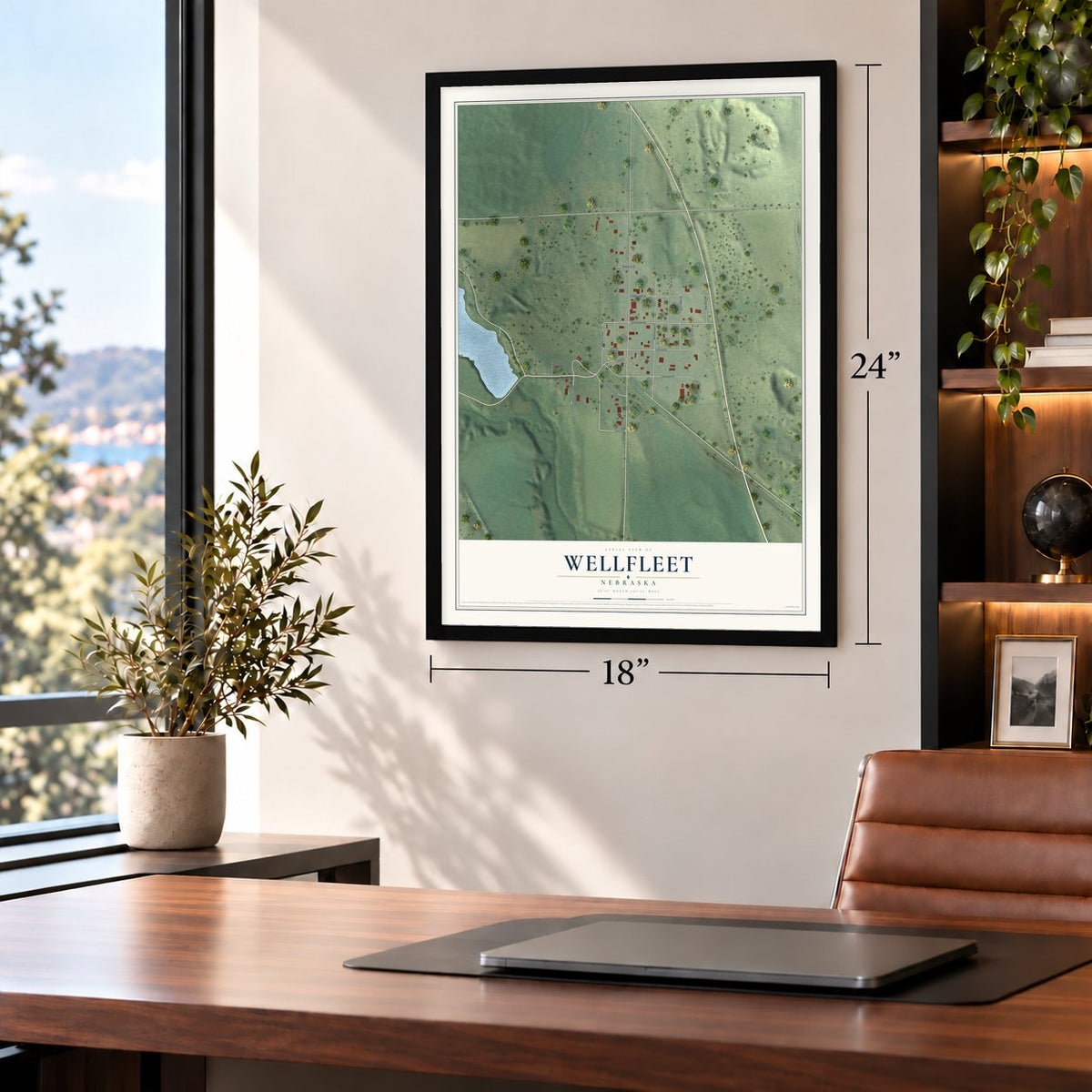 Wellfleet, Nebraska map, 18 x 24 inch print in a black frame in a home office