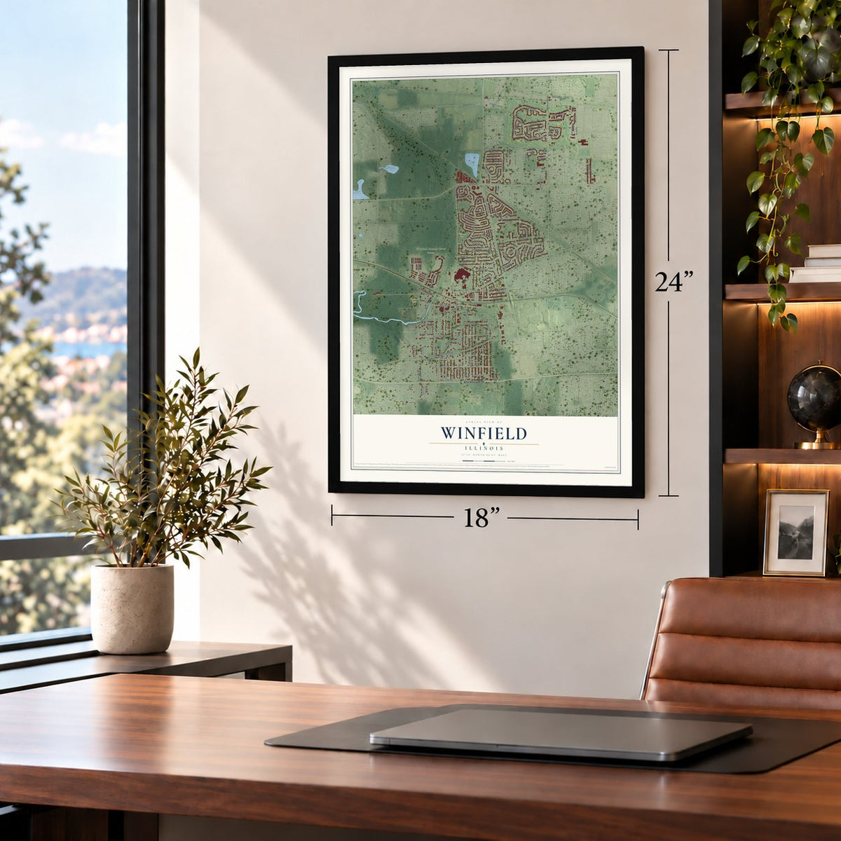 Winfield, Illinois map, 18 x 24 inch print in a black frame in a home office
