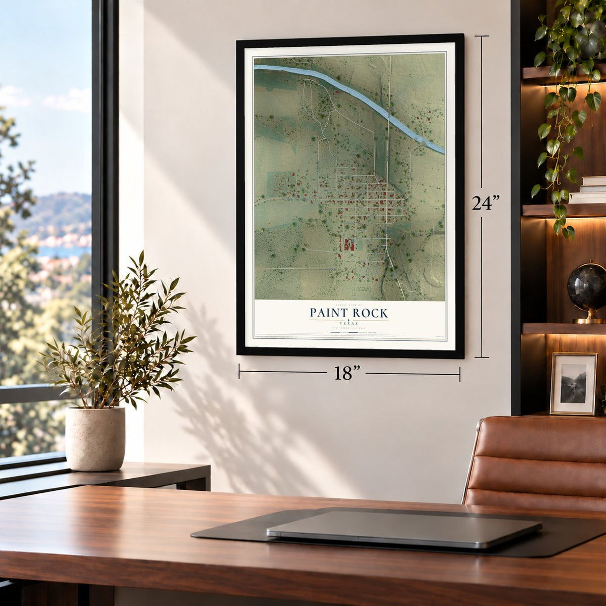Paint Rock, Texas map, 18 x 24 inch print in a black frame in a home office