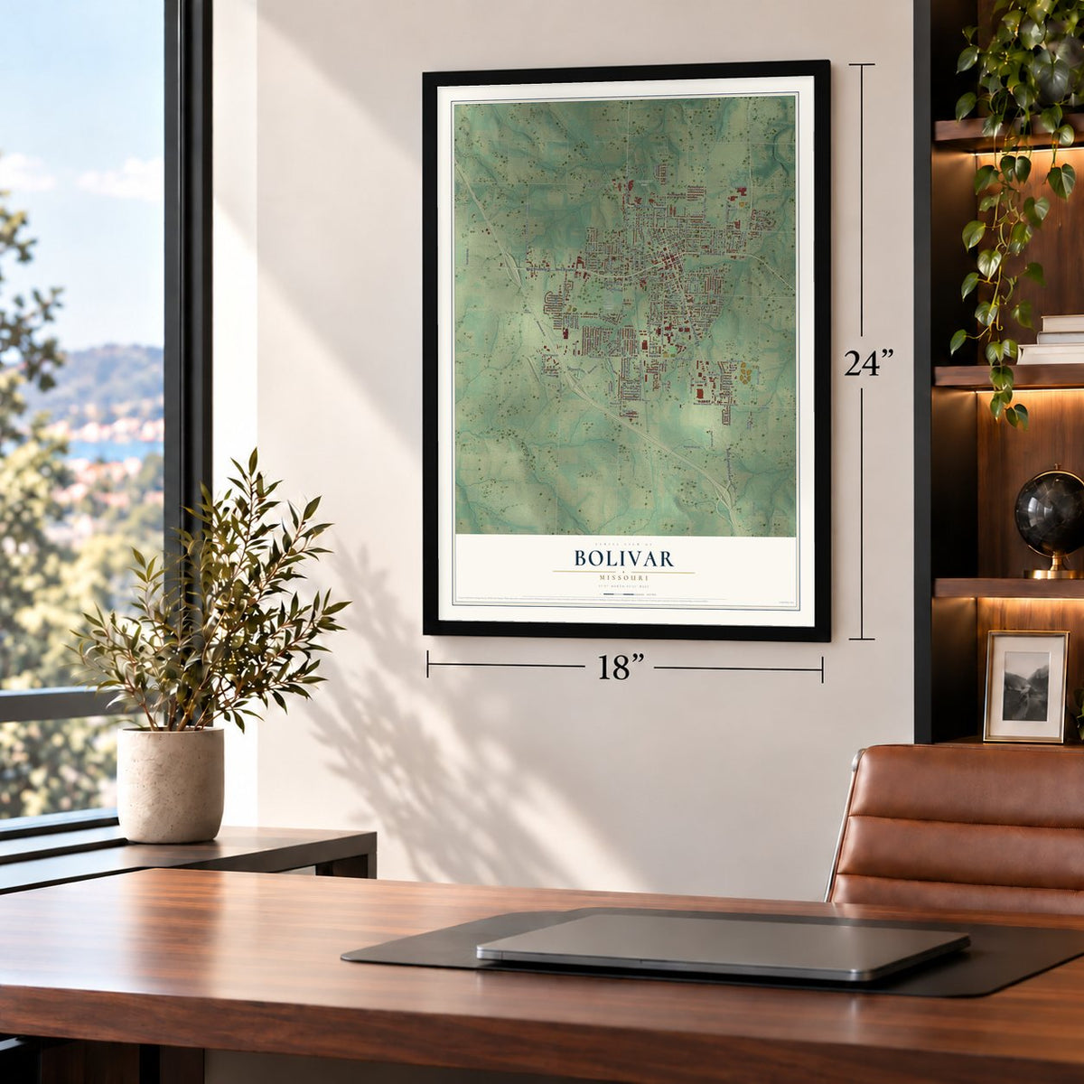 Bolivar, Missouri map, 18 x 24 inch print in a black frame in a home office